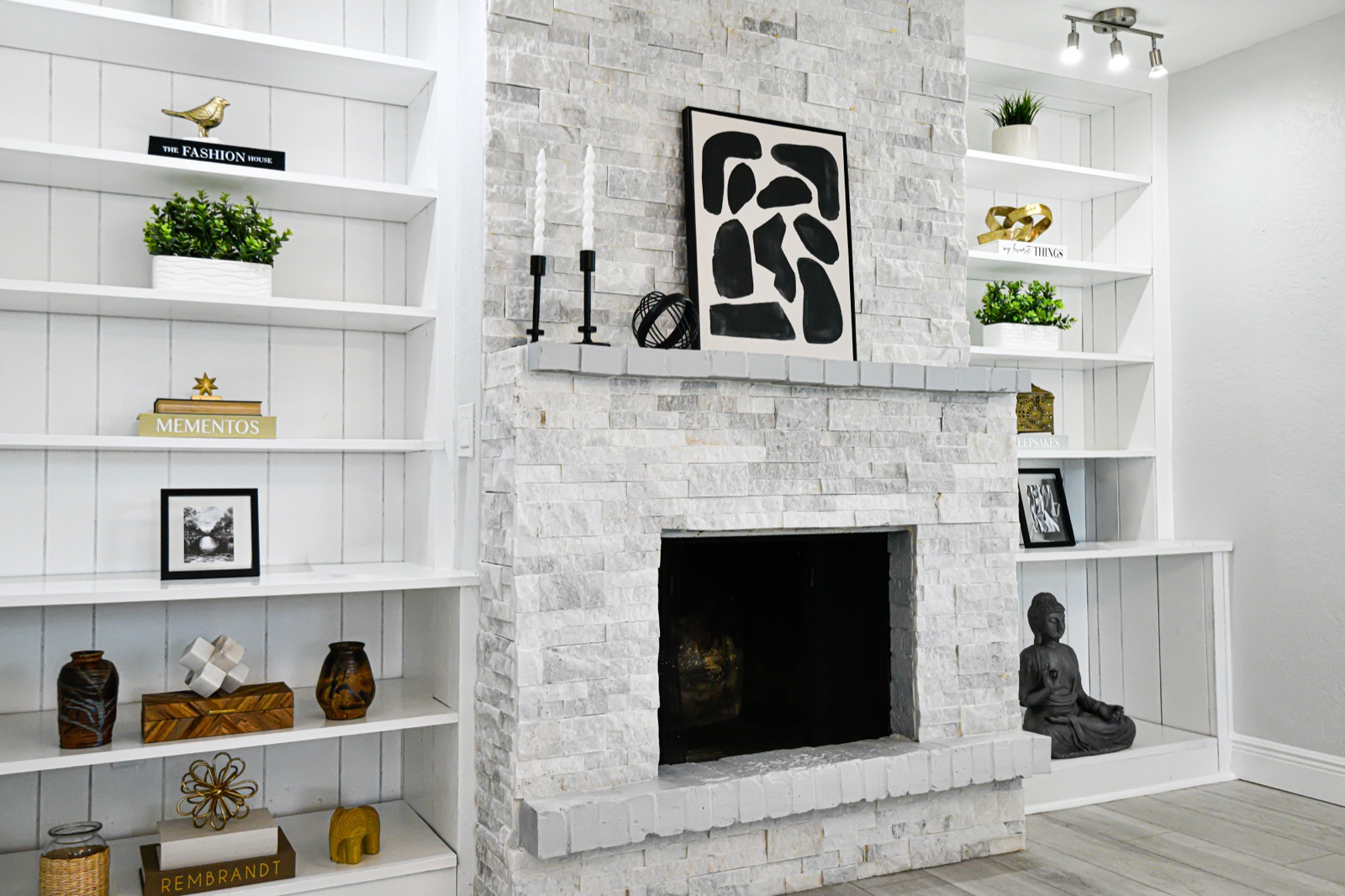 Fireplace living area after staging